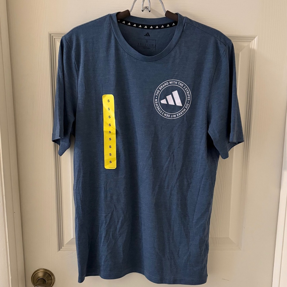 Adidas T Shirt Mens Small Heather Blue Circle Logo Short Sleeve Crew Neck NWT